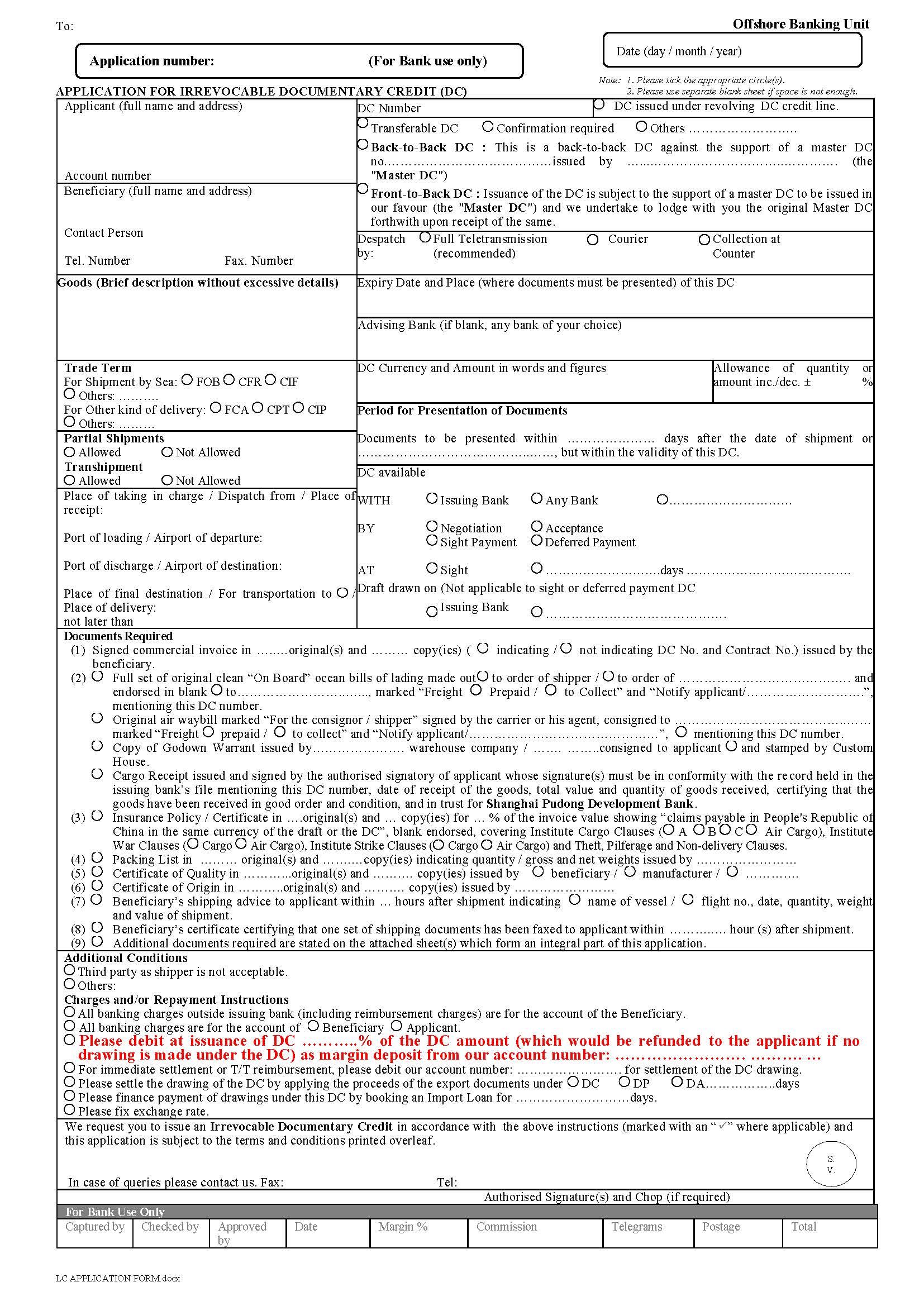 letter of credit application form template