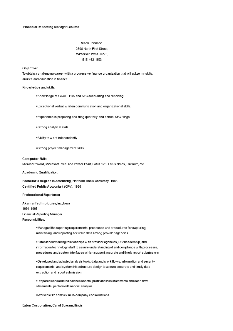 Financial Reporting Manager Resume 模板