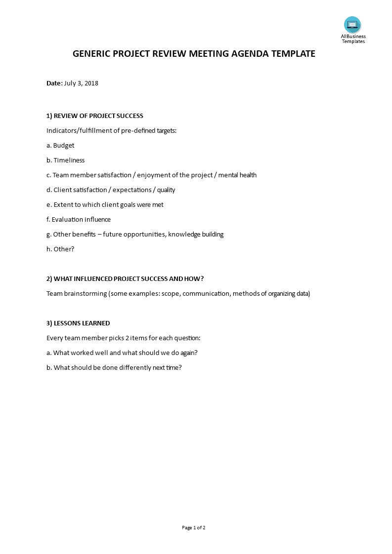 project review meeting agenda template