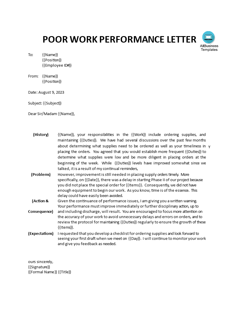 Warning letter for poor work performance 模板