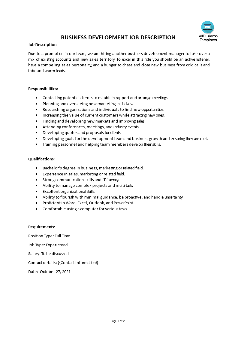 business development job description template