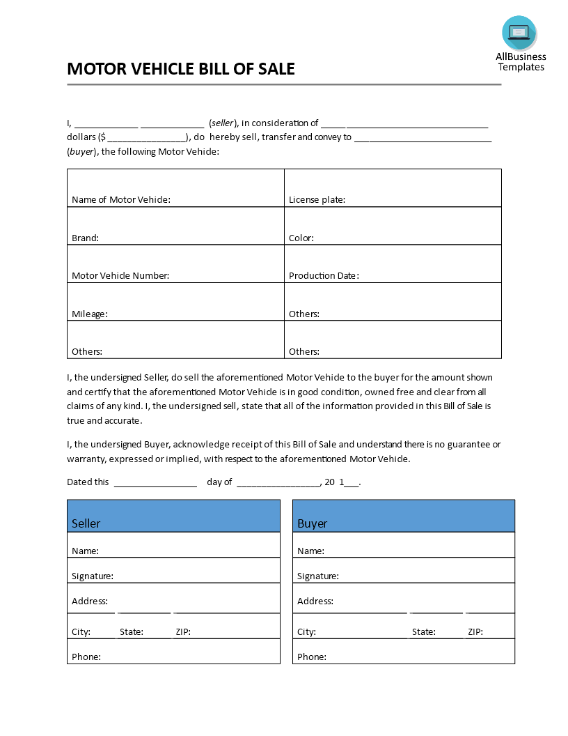 motor vehicle bill of sale template template