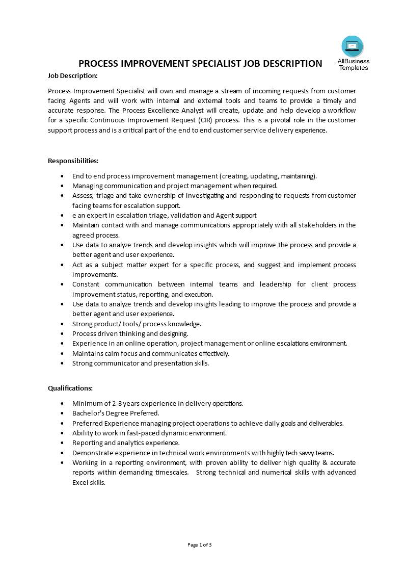 process improvement specialist job description template