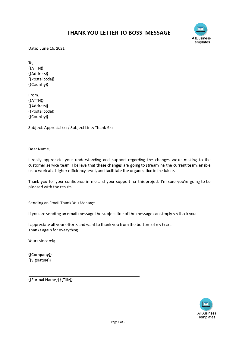 professional thank you letter to boss for appreciation template