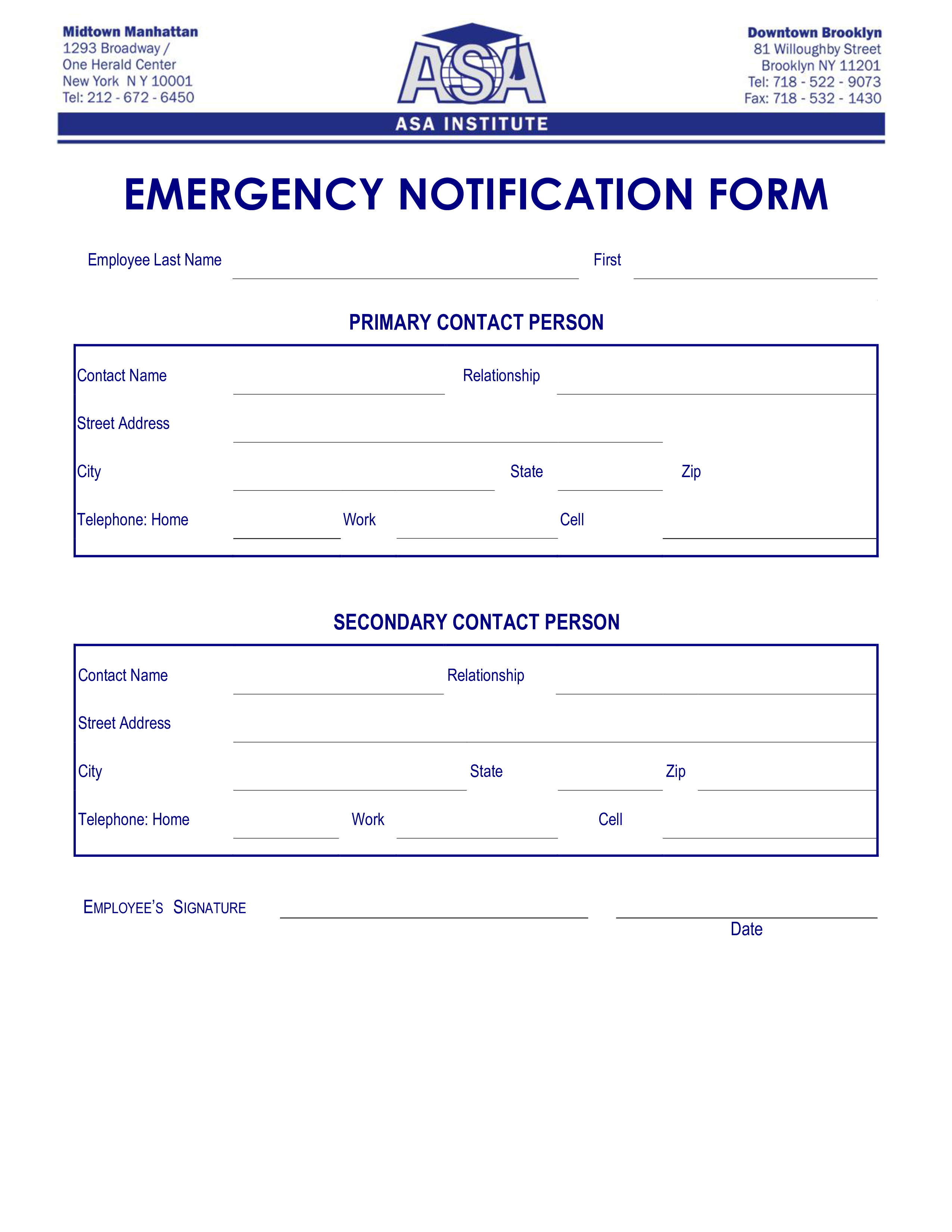 Institute Employee Emergency Notification Form main image