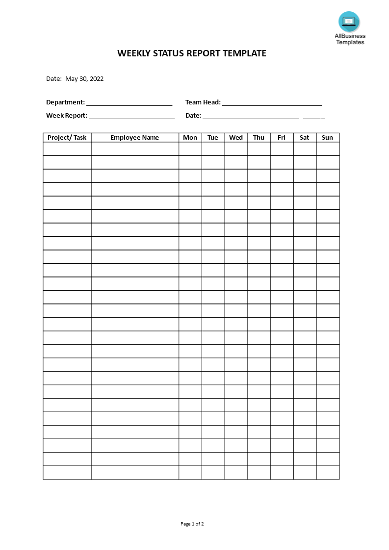 weekly status report template template