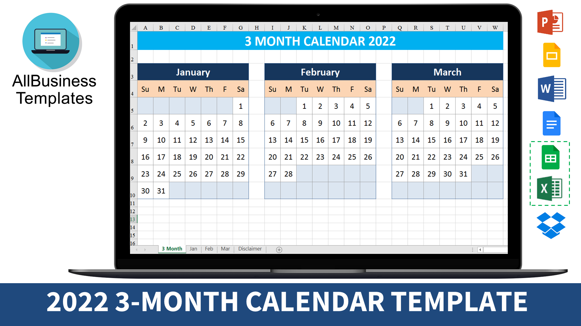 3 Month Calendar 2022 模板