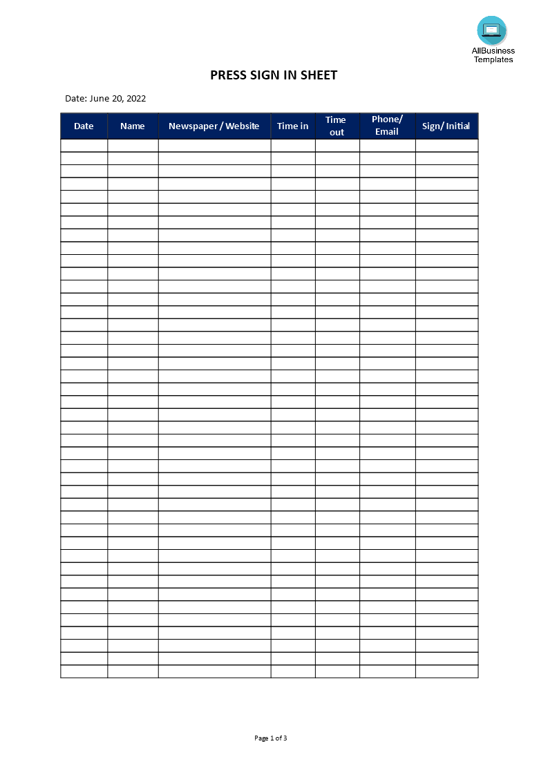 press sign in sheet format template