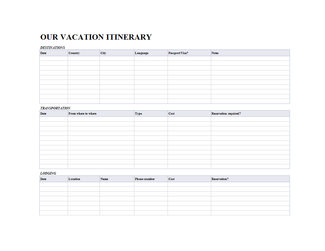 Itinerary worksheet 模板