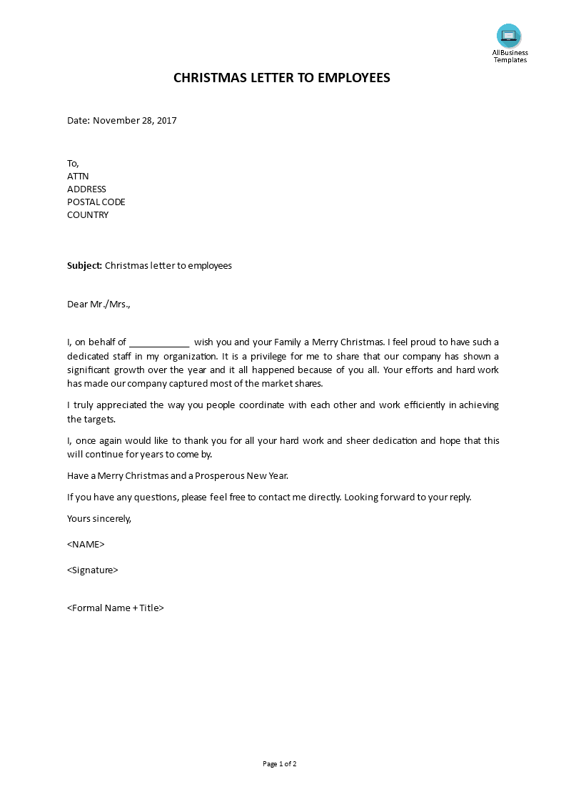 Christmas Letter To Employees main image