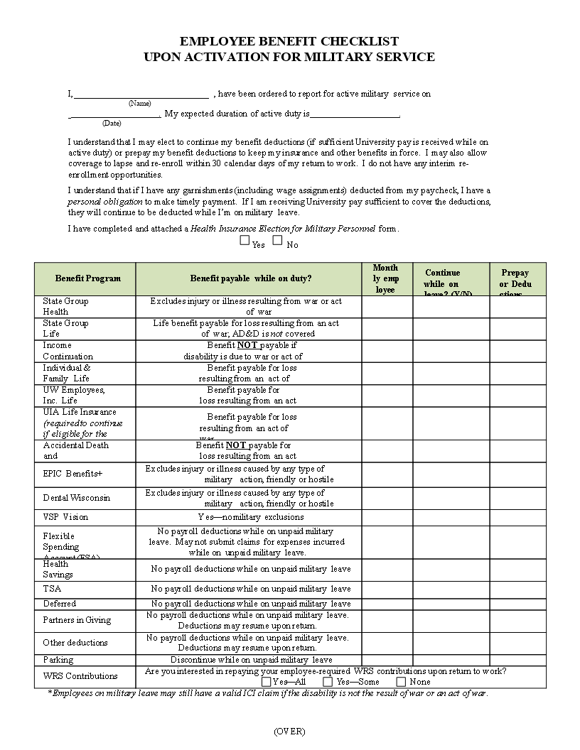Employee benefit checklist 模板