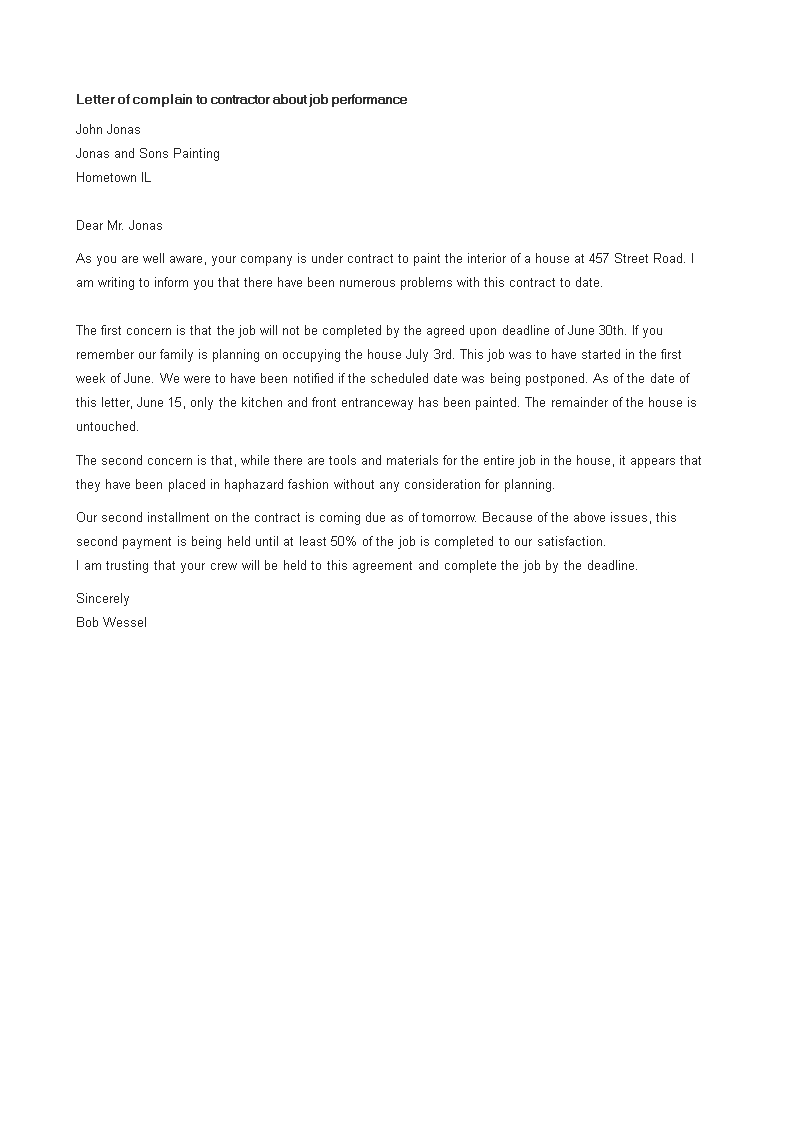 Complaint Letter To Contractor Job Performance main image