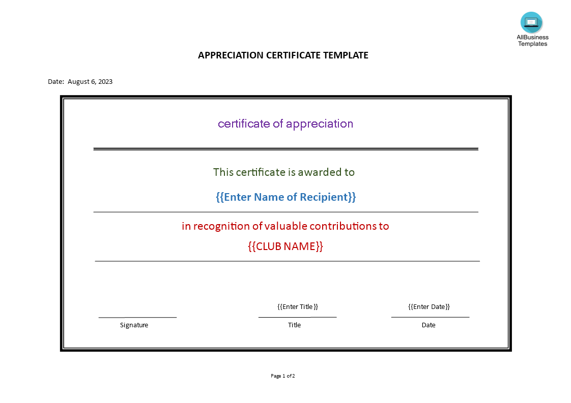 appreciation certificate template voorbeeld afbeelding 