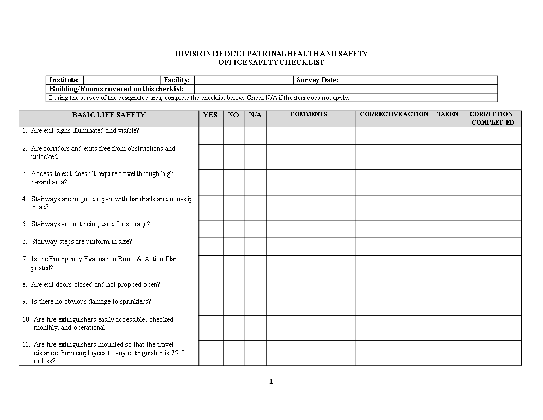 office safety checklist template