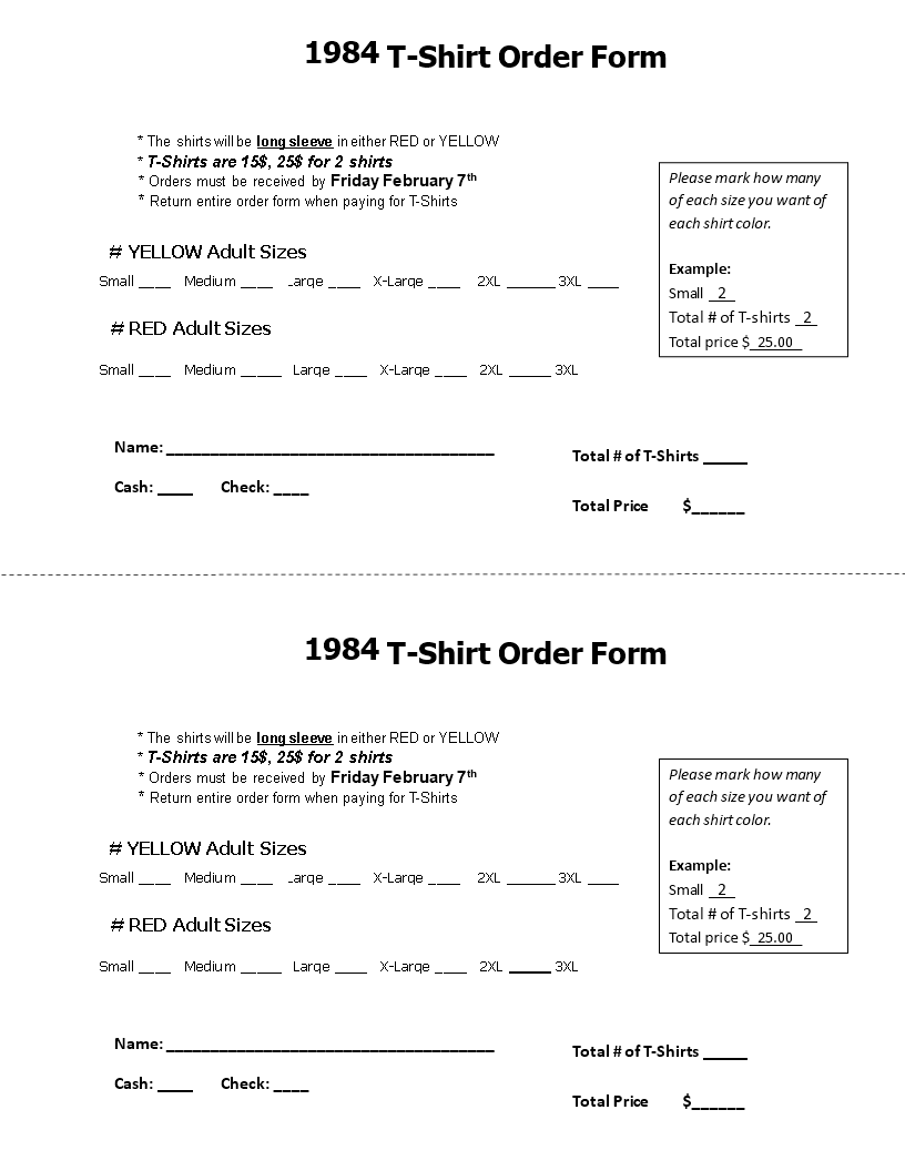 Printable T Shirt Order Form main image