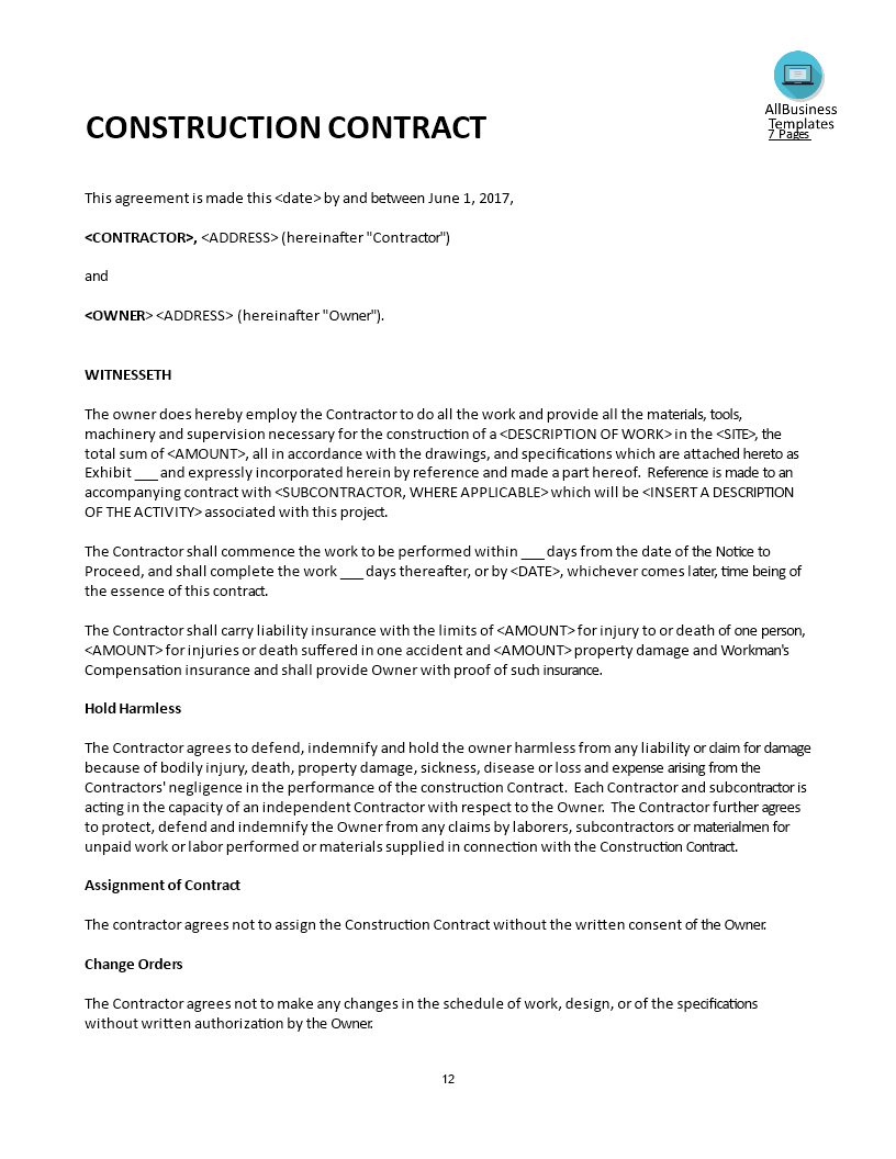 construction contract example template