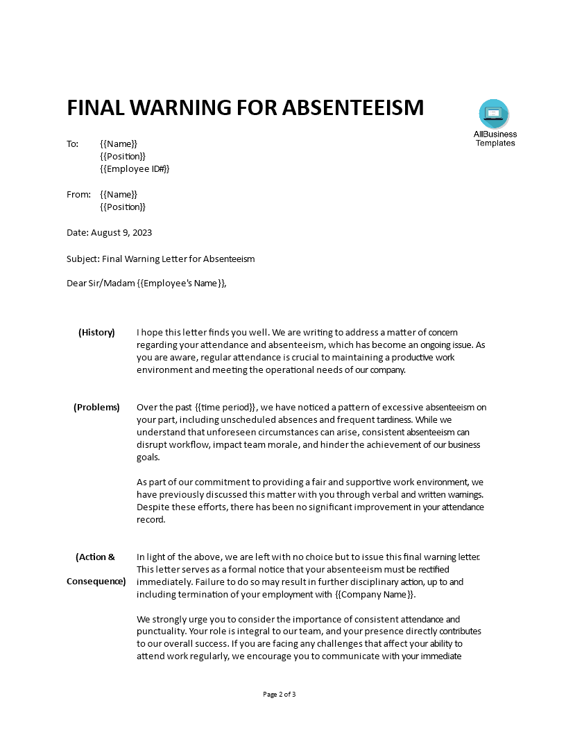 final warning letter for absenteeism voorbeeld afbeelding 