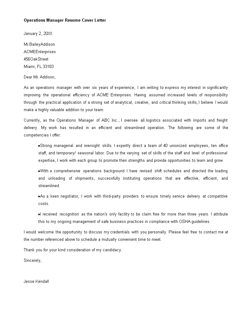 operations manager resume cover letter modèles