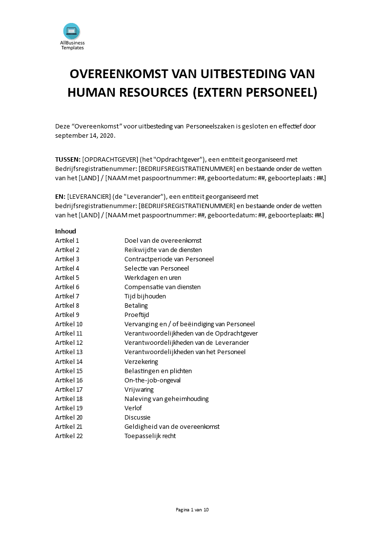 Human Resource Outsourcing Overeenkomst 模板