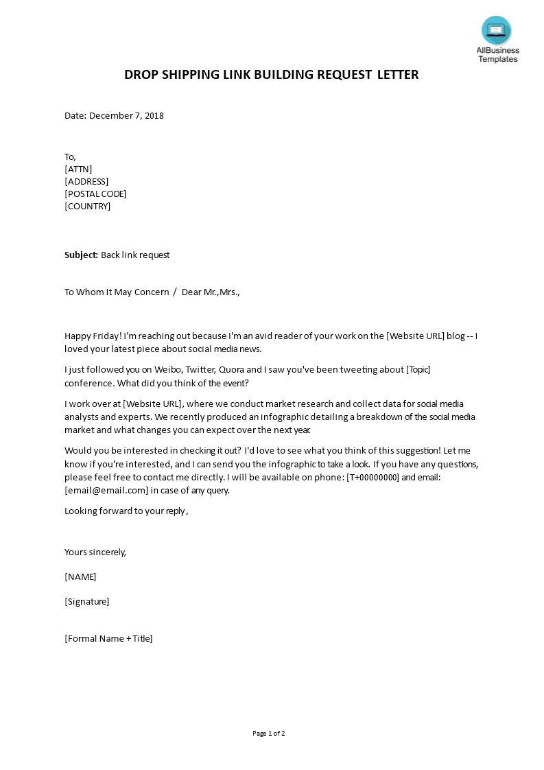 drop shipping backlink request letter template