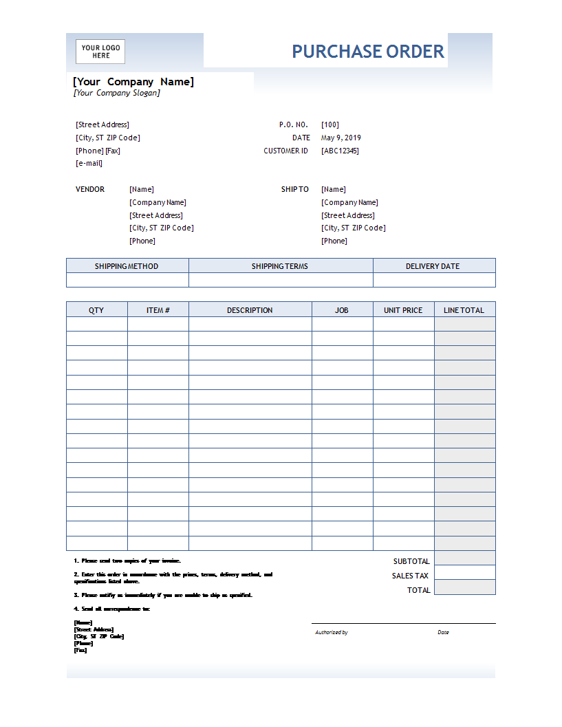 Purchase Order Invoice Excel template main image