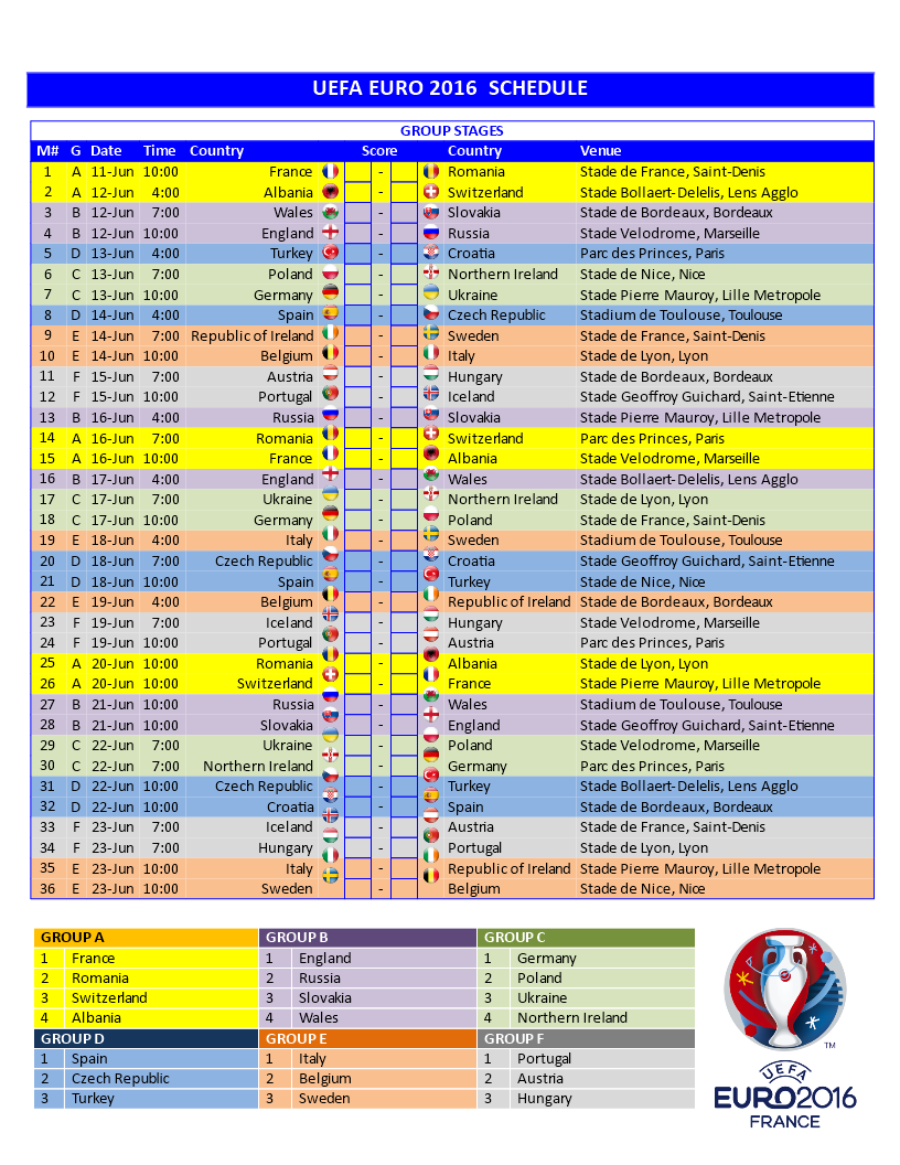 UEFA EURO CUP 2016 Schedule sample main image