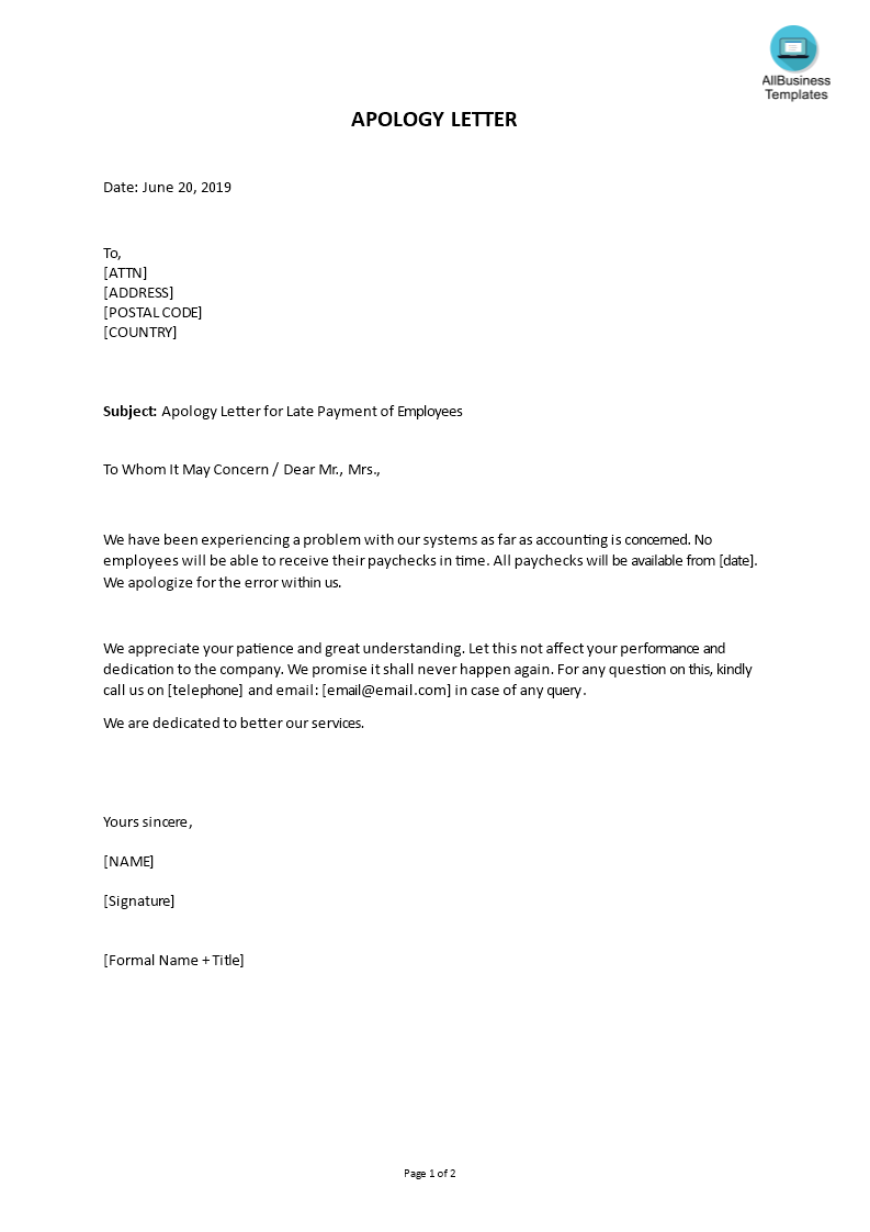 Apology letter for Late Payment of Employees main image