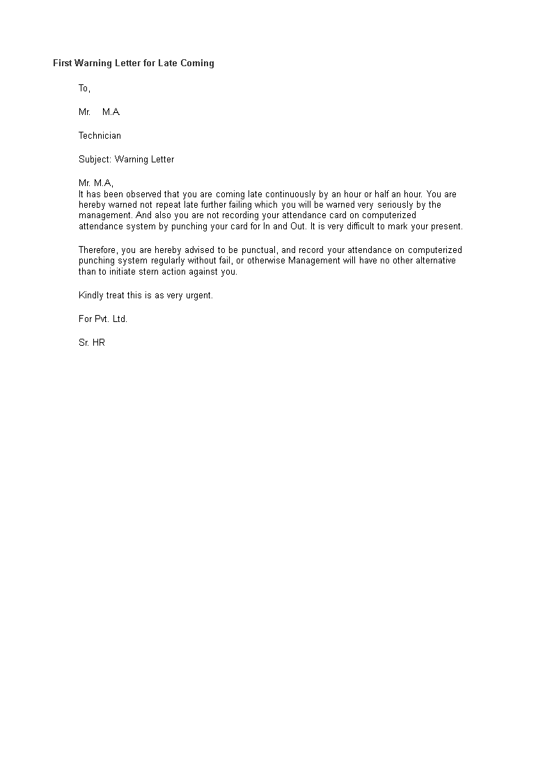 First Warning Letter For Late Coming main image