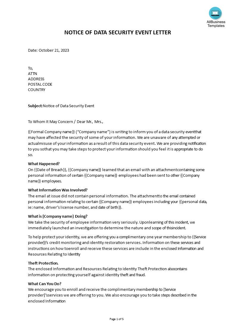 Notice of Data Security Event Letter Template main image