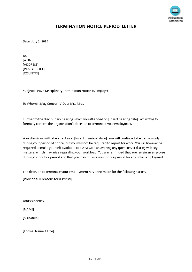 Leave Disciplinary Termination Notice Period Letter main image