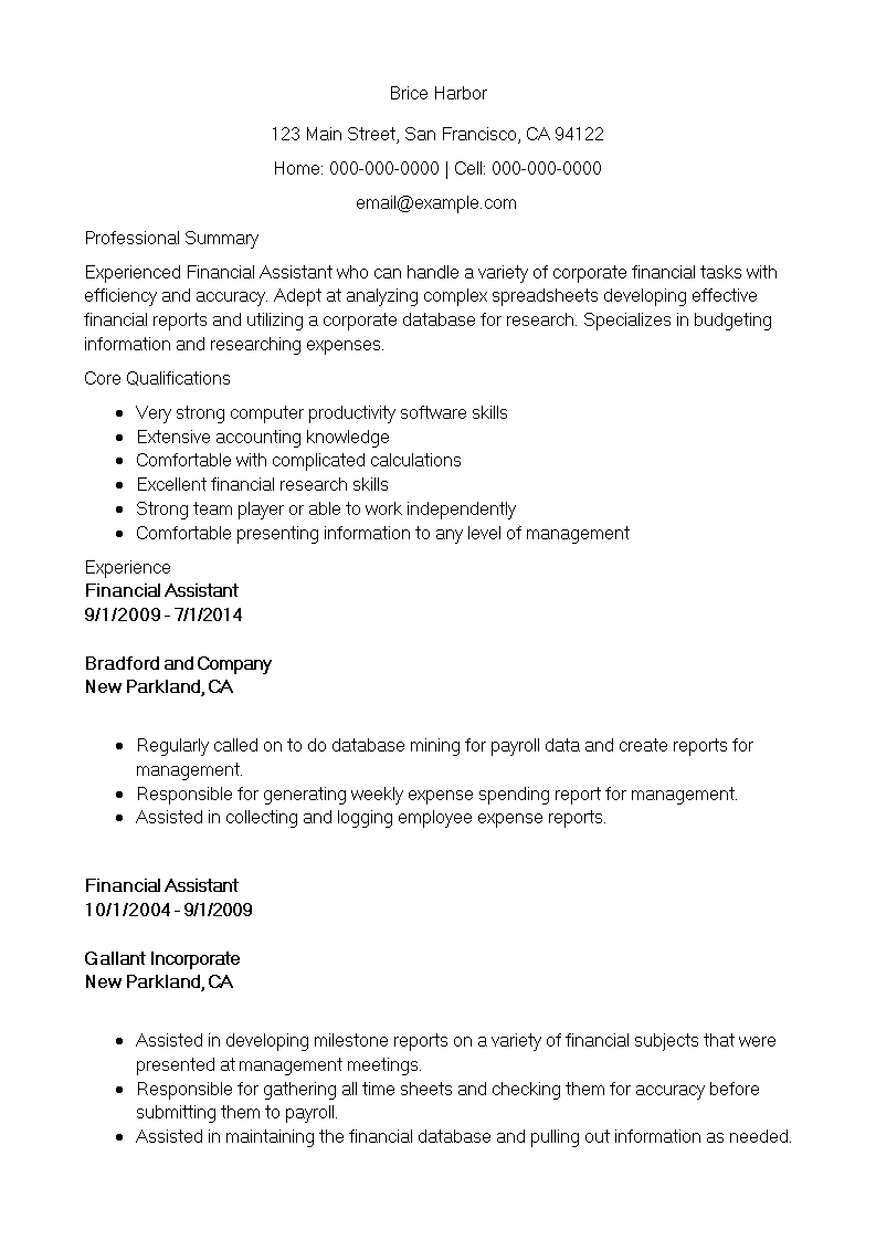 Financial Sales Assistant Resume main image