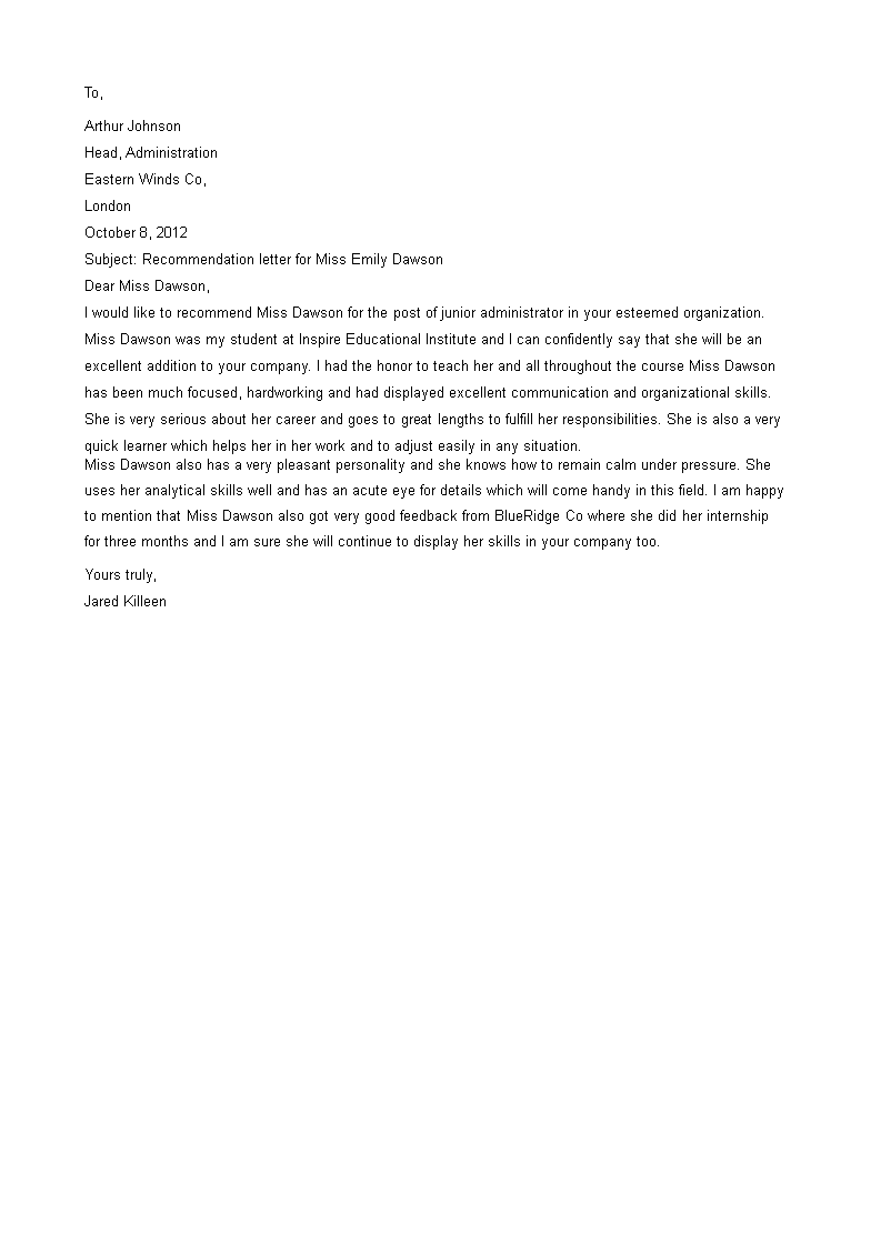professional recommendation letter for job template