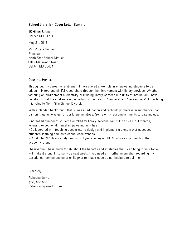 school librarian cover letter sample template