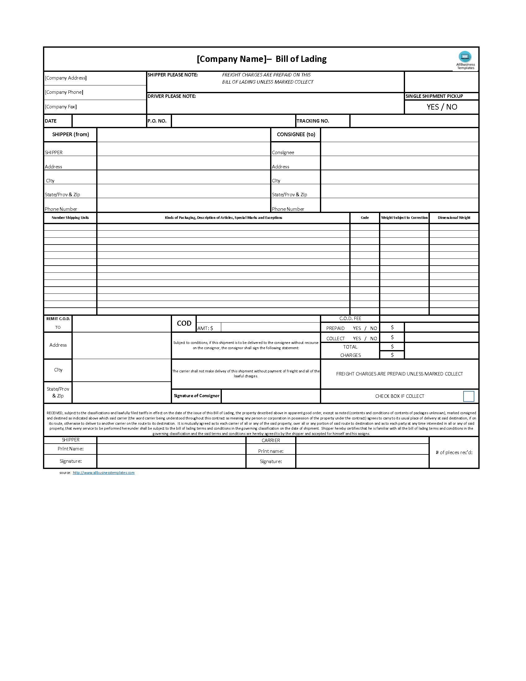 Bill of Lading Excel Template 模板