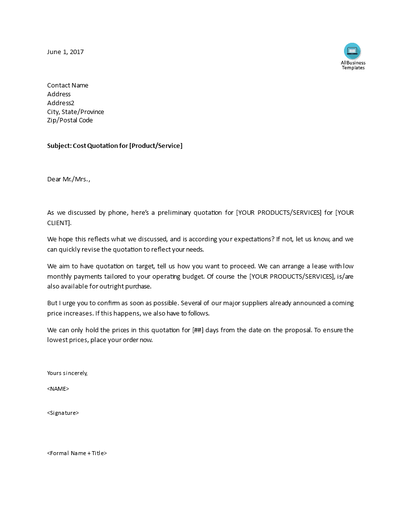 sales letter for a cost quotation voorbeeld afbeelding 