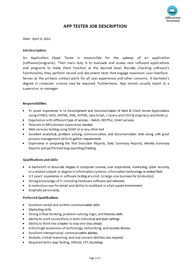 application tester job description Hauptschablonenbild