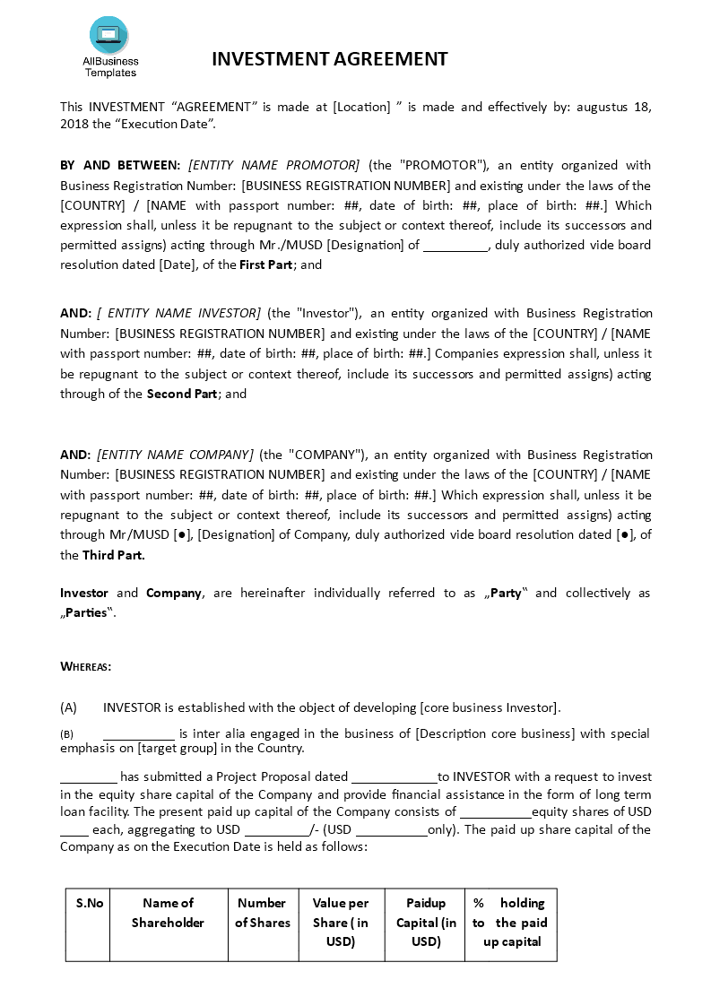 company investment agreement voorbeeld afbeelding 