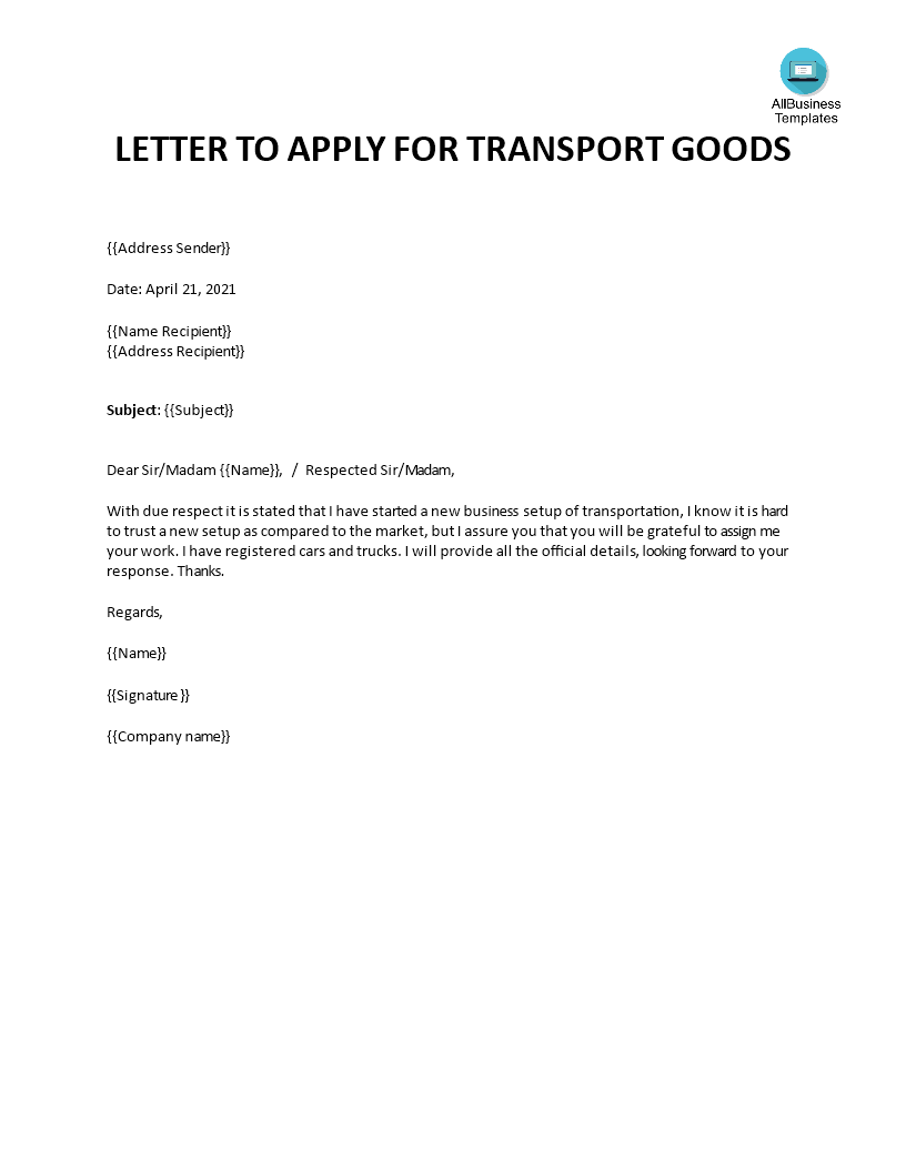 application for transport contract voorbeeld afbeelding 
