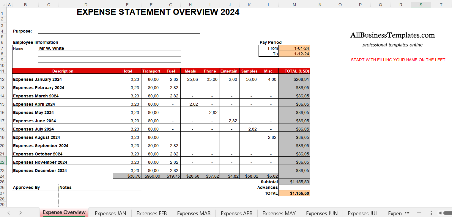 expense statement 2024 template