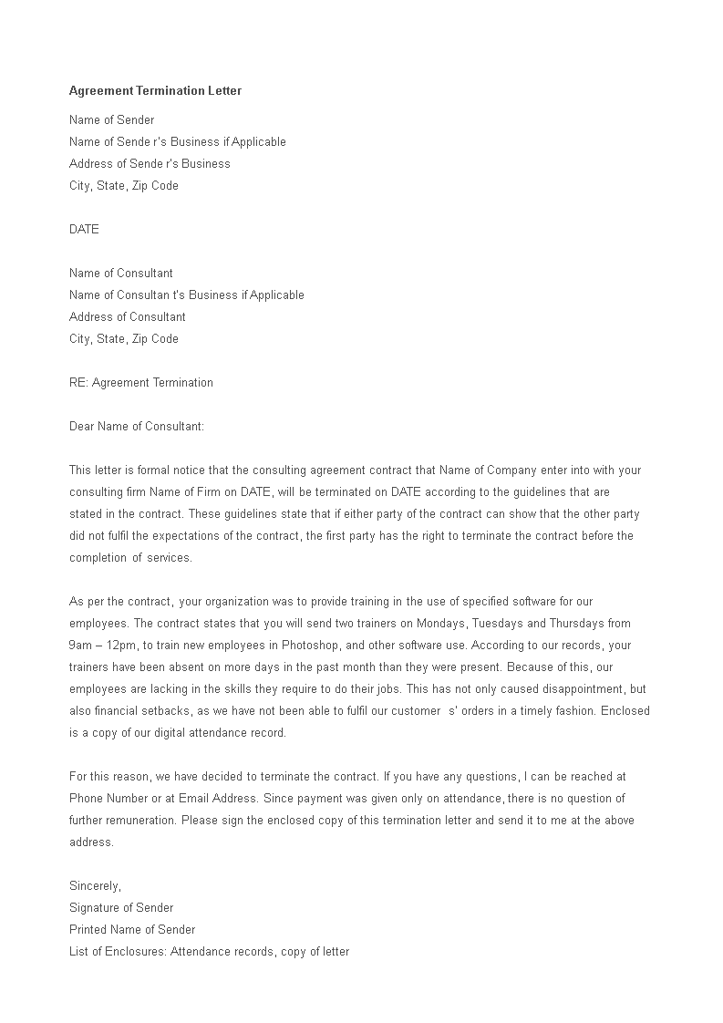 sample agreement termination letter template