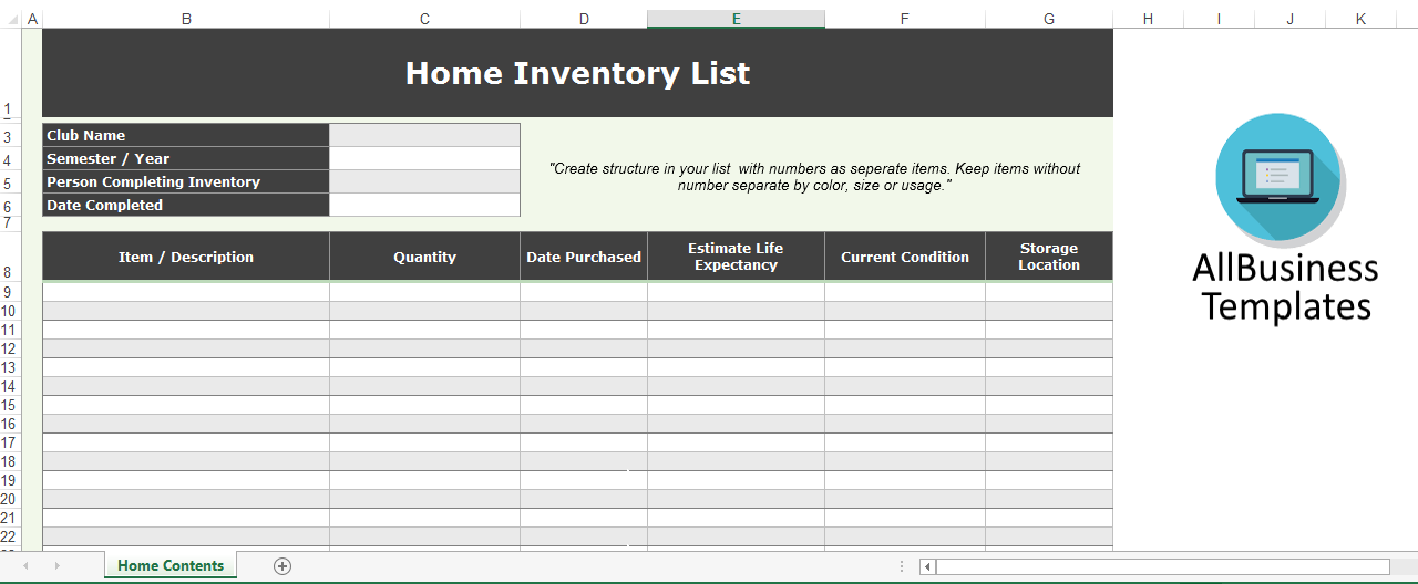 home contents inventory list modèles