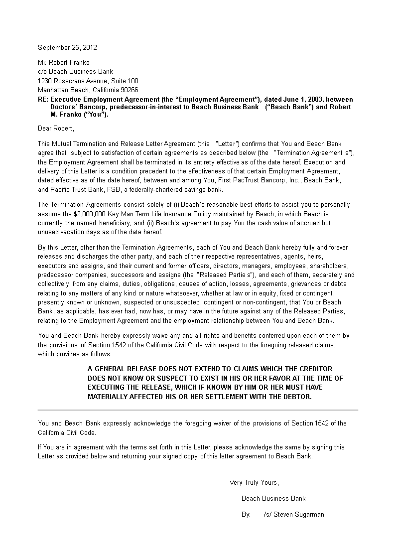 Mutual Agreement Termination Letter main image