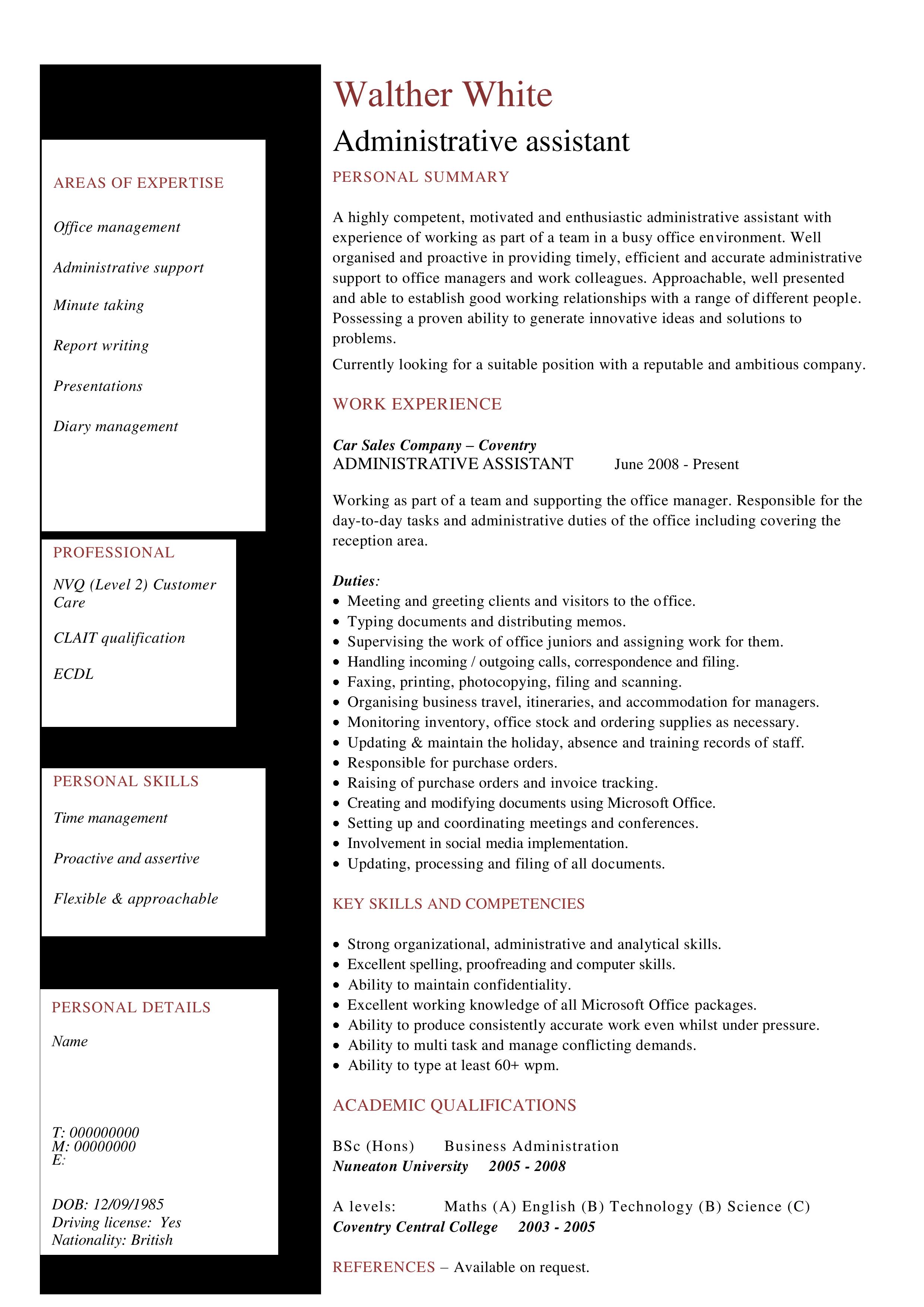 Administrative Work Experience Resume main image