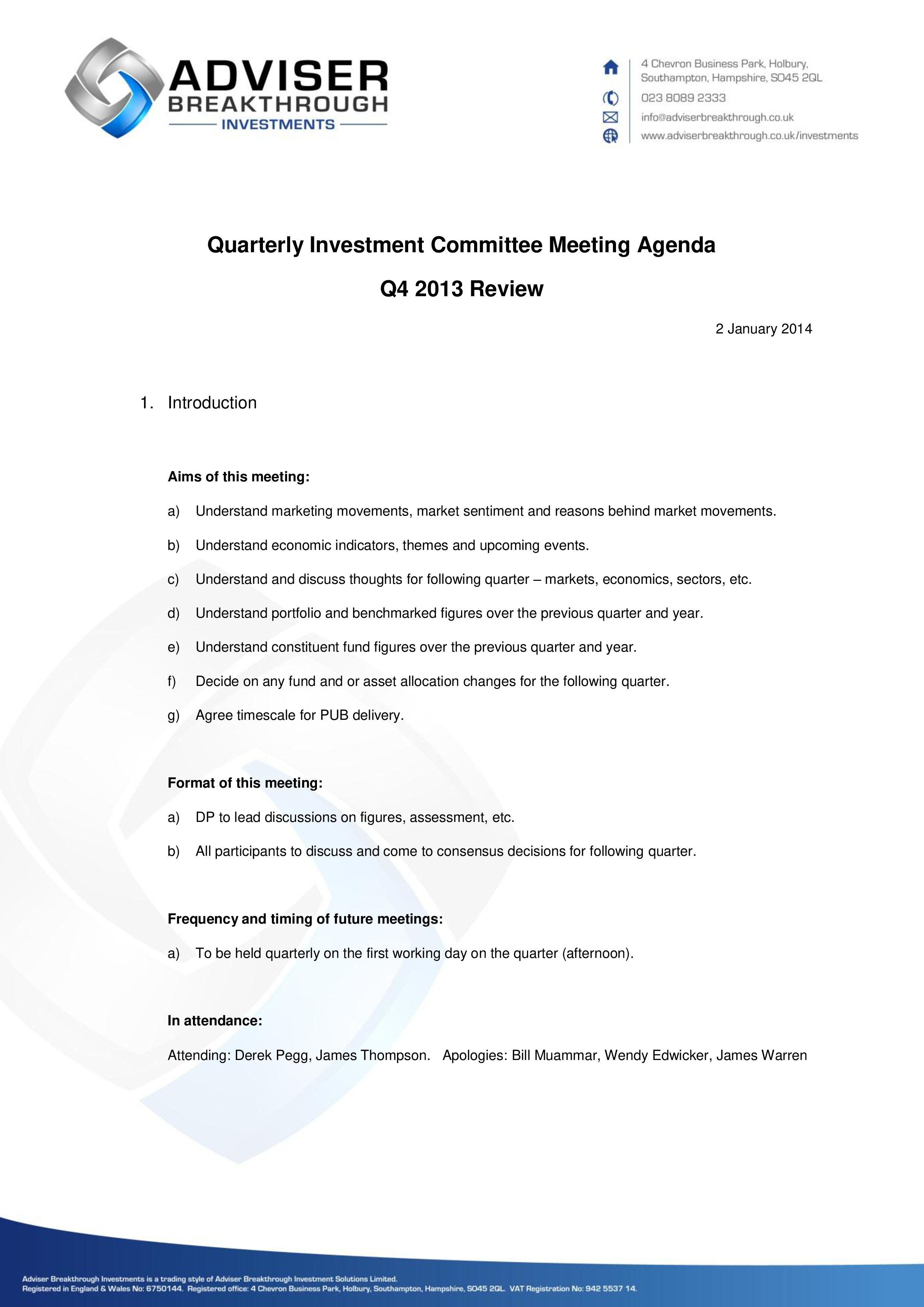 Investment Committee Agenda 模板