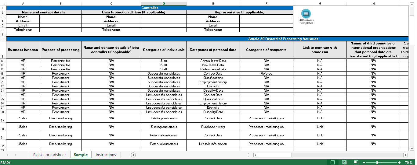 GDPR Documentation Controller Spreadsheet 模板
