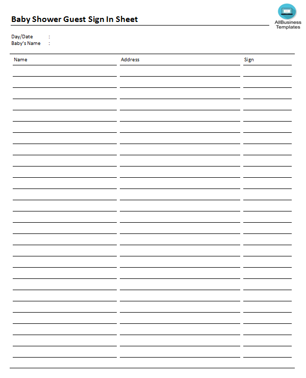 baby shower guest sign-in sheet 3 columns template