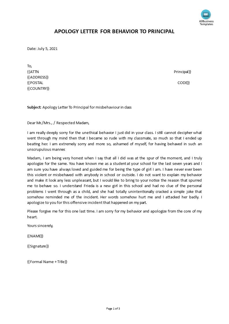 professional apology letter for behavior template