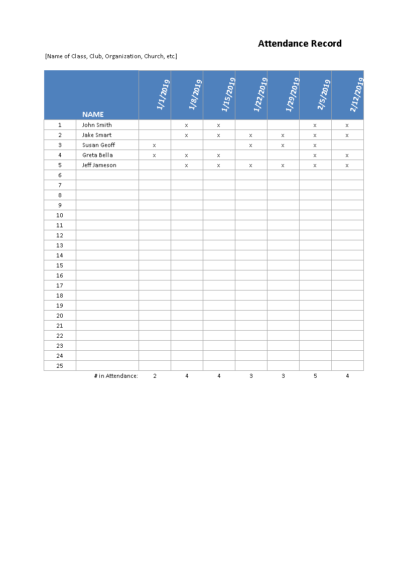attendance record spreadsheet voorbeeld afbeelding 