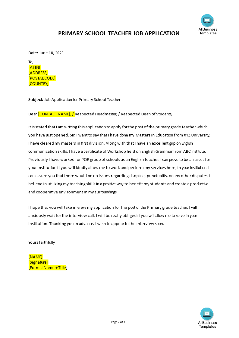 job application letter for primary school teacher template