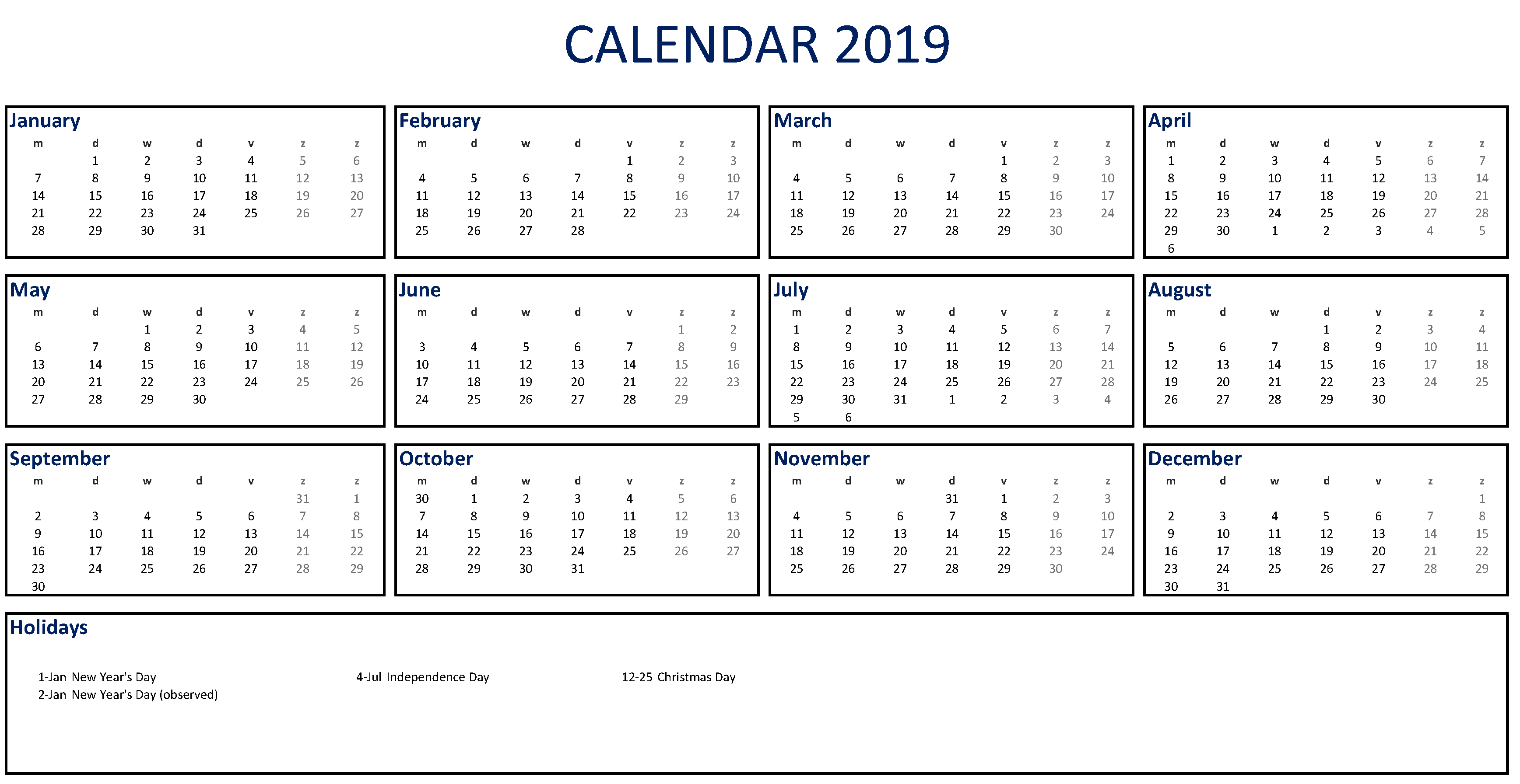 printable 2019 calendar excel modèles